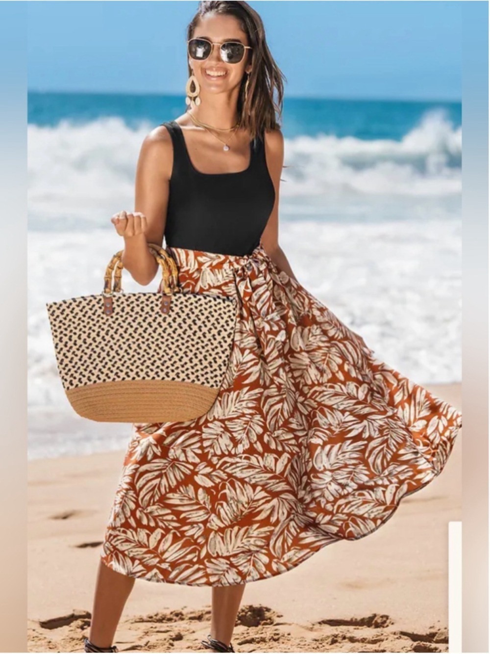 Cupshe Rust Leaf-Print Maxi Skirt with Tie Waist